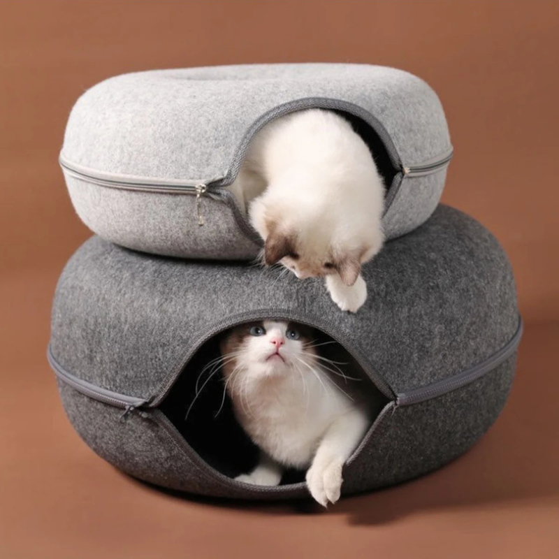 Felt Donut Cat Bed with Breather Hole – 2-in-1 Tunnel & Hideaway