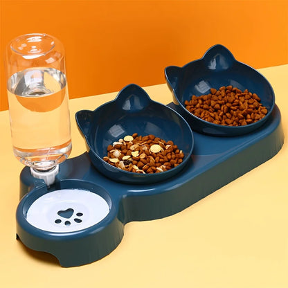 3-in-1 Cat Food & Water Bowl Set with Gravity Water Feeder